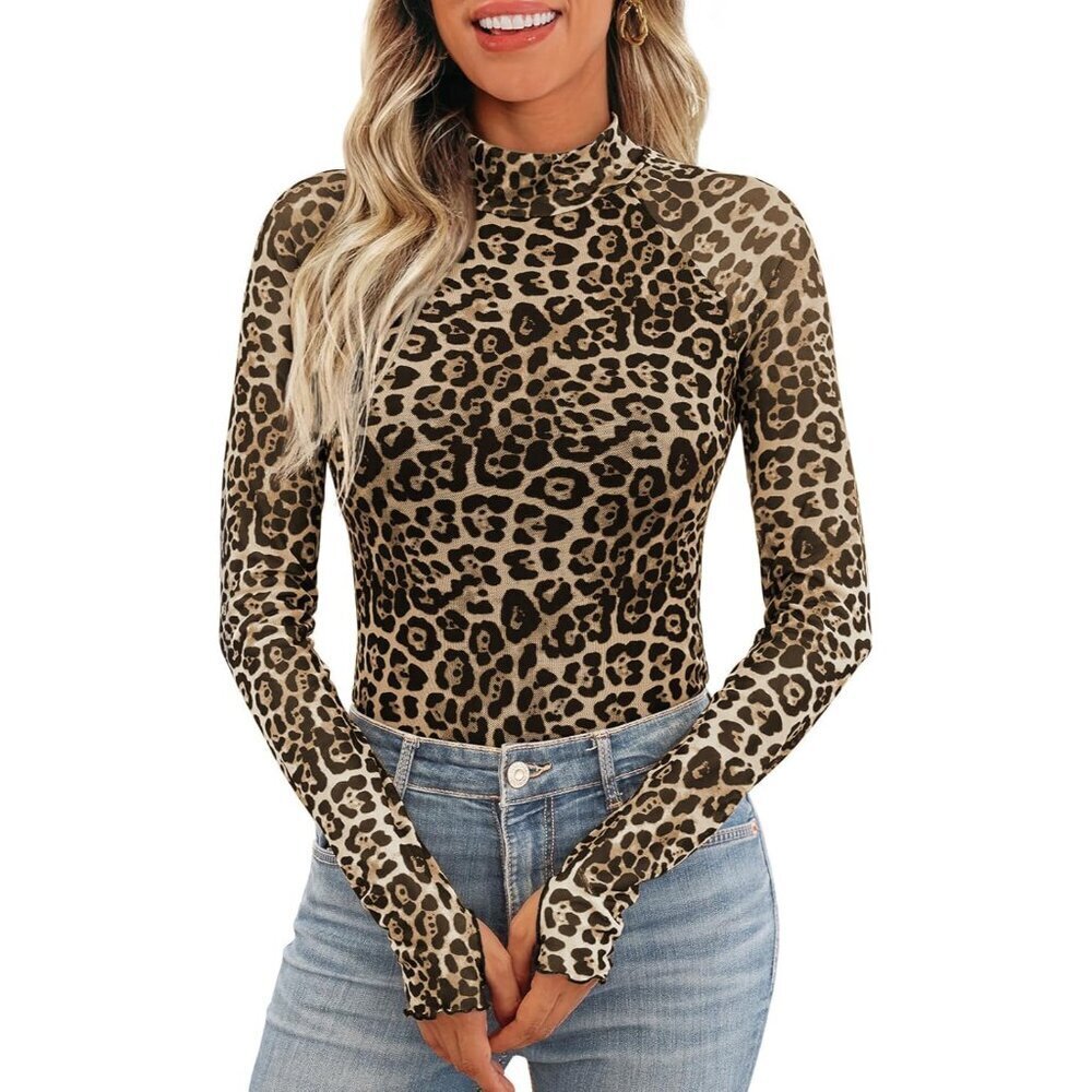 Lace Sheer Floral Mesh Long Sleeve Shirt Mock Neck Casual Fashion Women